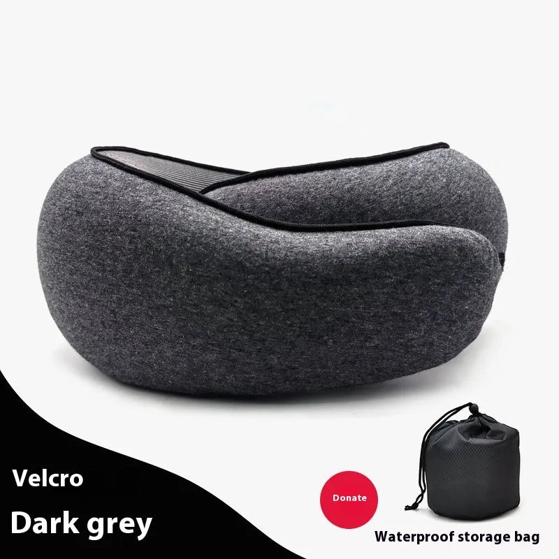 Dark grey travel pillow with a waterproof storage bag on a white background