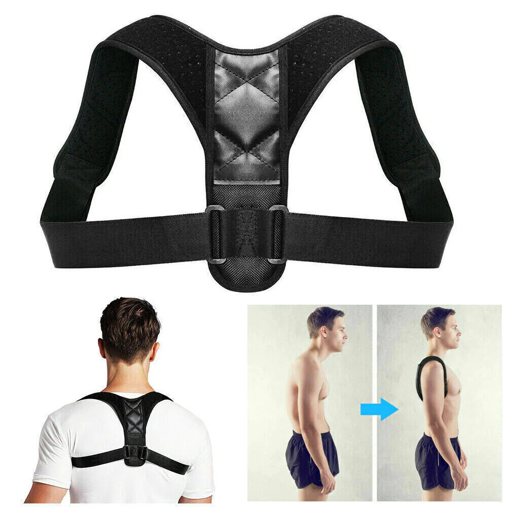 Black posture corrector with before and after effects on a white background