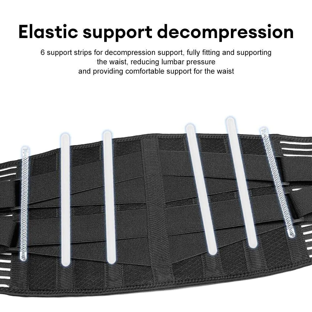 Black waist support belt with elastic support strips on a white background