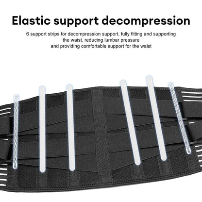 Black waist support belt with elastic support strips on a white background