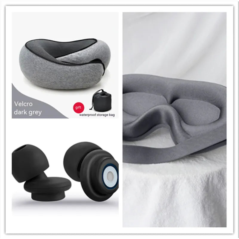 Collage of travel neck pillow, earplugs, and storage bag with 'Velcro dark grey' label.