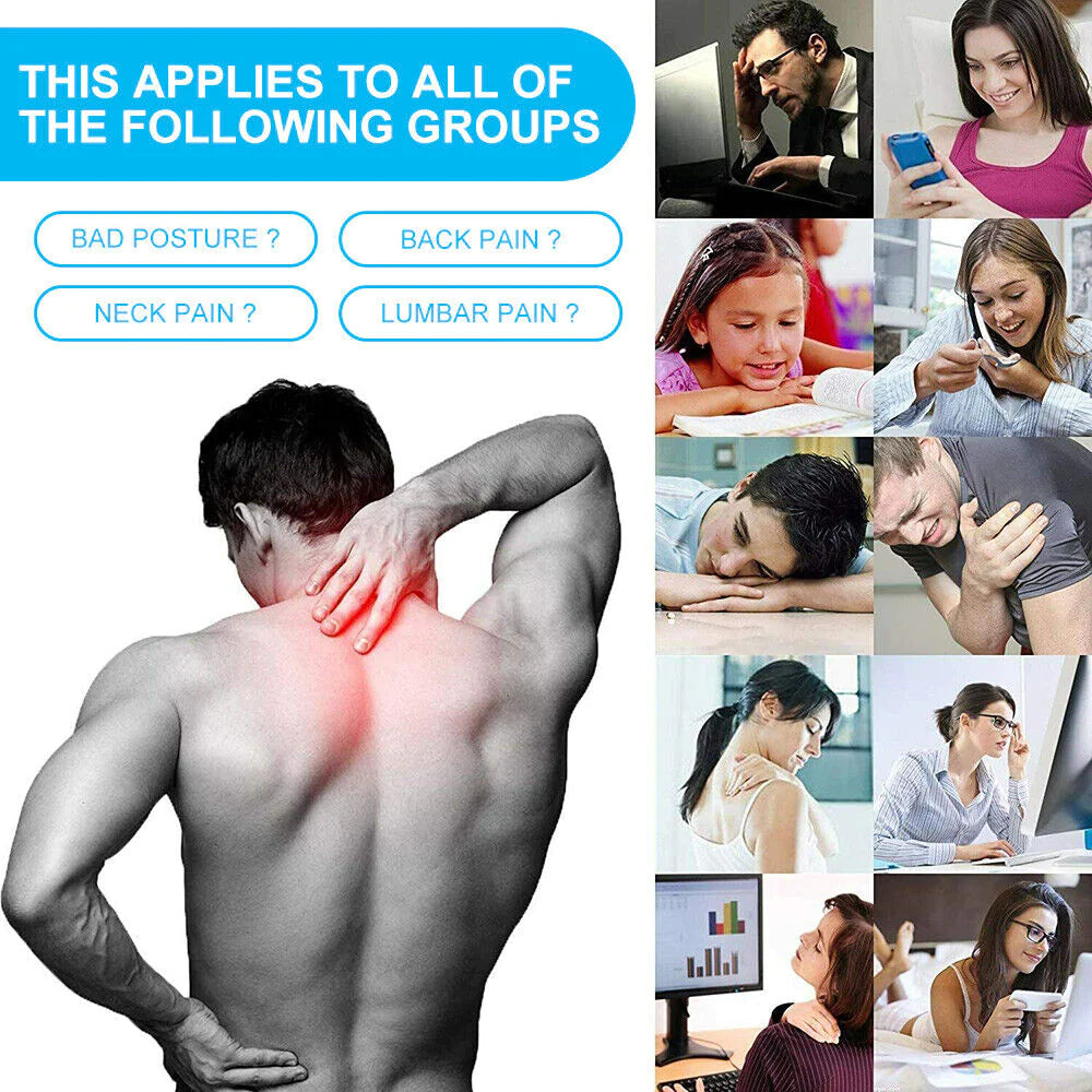 Collage of people with various pain symptoms and a person with a sore back.