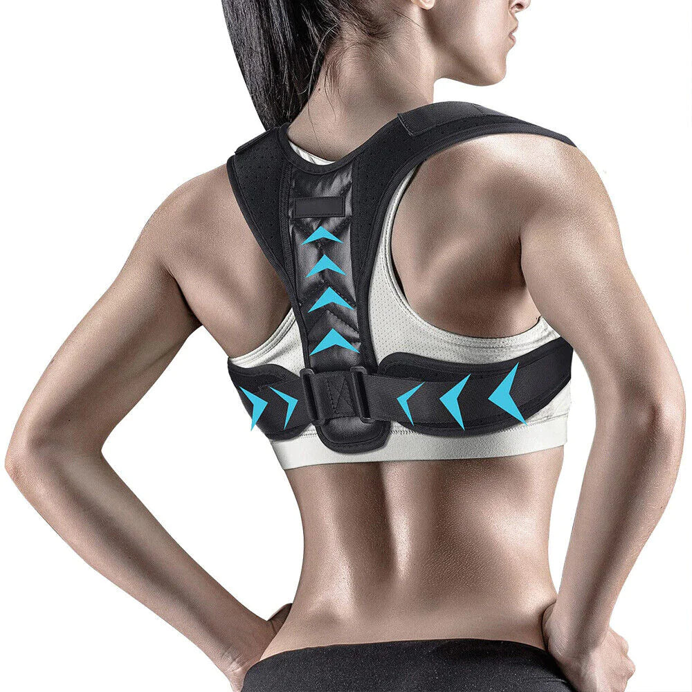 Person wearing a black and blue posture corrector on a white background