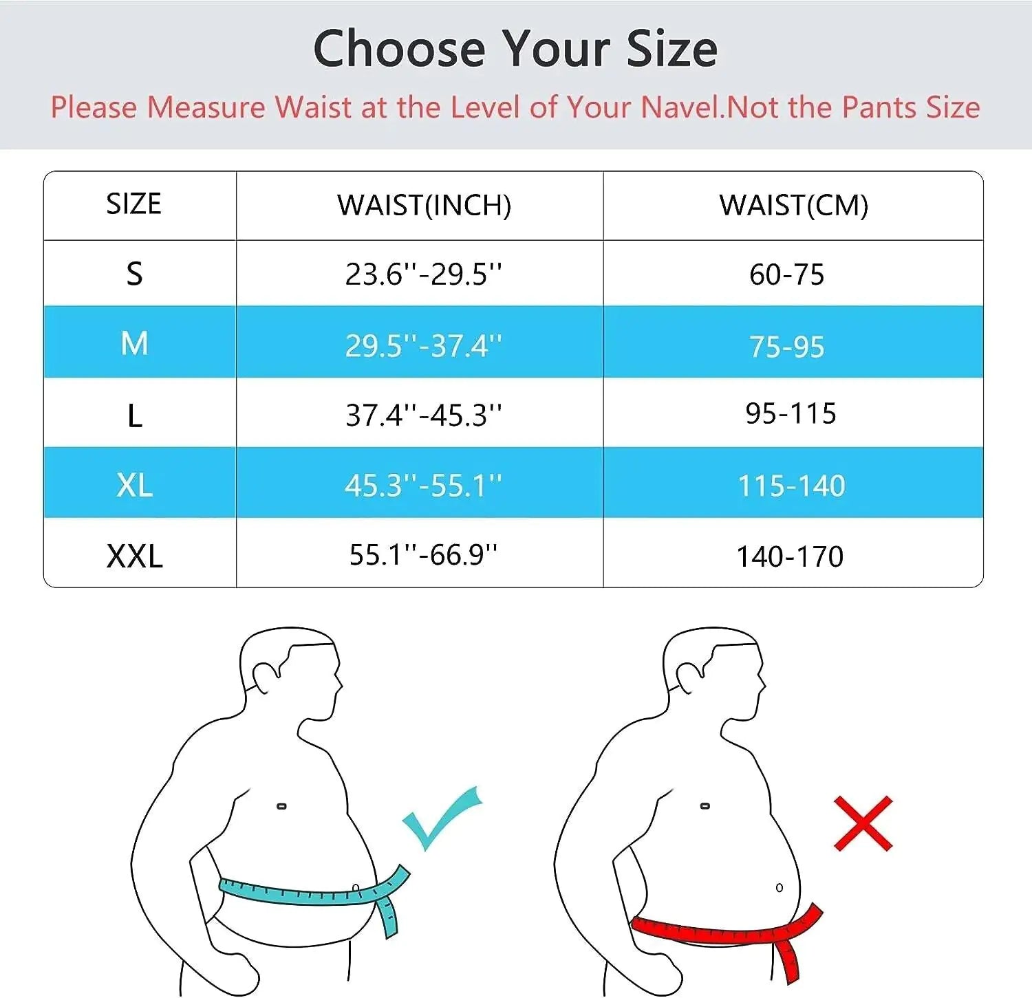 Size chart for waist measurement with waist circumference ranges and corresponding sizes.