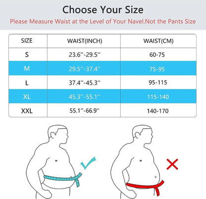 Size chart for waist measurement with waist circumference ranges and corresponding sizes.
