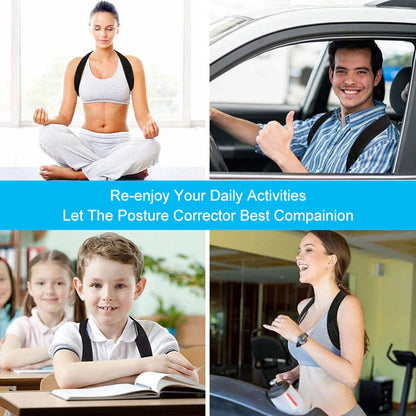 Collage of people using a posture corrector in various activities.