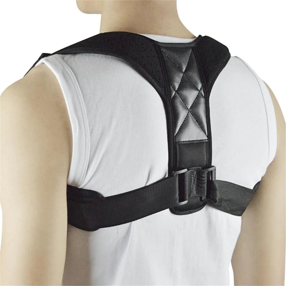 Black posture corrector worn by a person on a white background