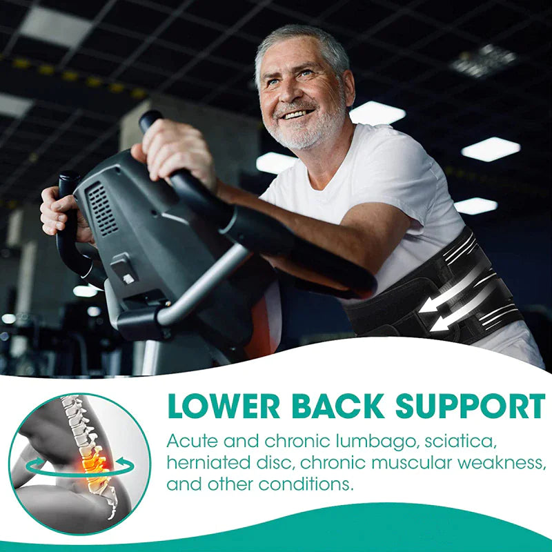 Man using a piece of exercise equipment with text about lower back support.