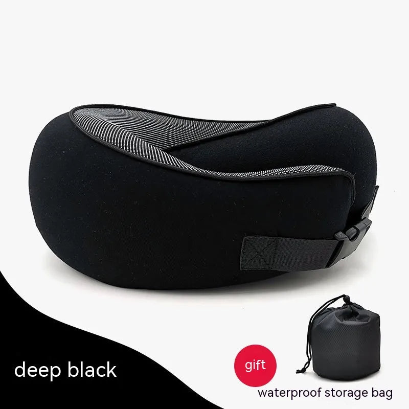 Black travel neck pillow with a waterproof storage bag on a white background