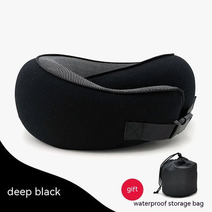 Black travel neck pillow with a waterproof storage bag on a white background