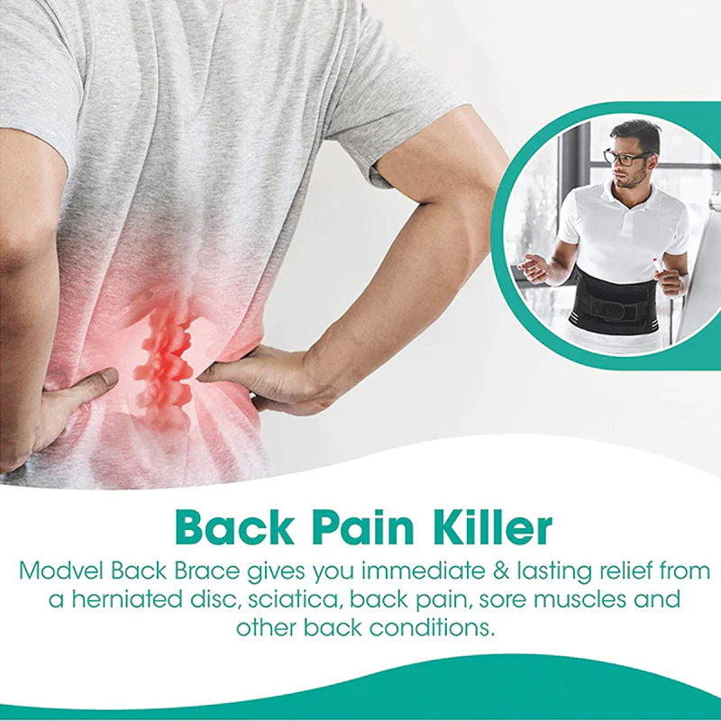 Advertisement for a back pain brace with a person showing back pain and another person wearing the brace.