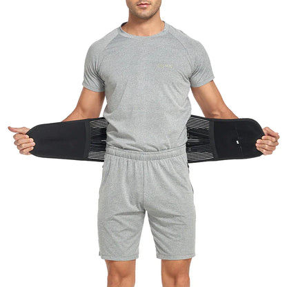 Man wearing a gray athletic outfit with a black waist support belt on a white background