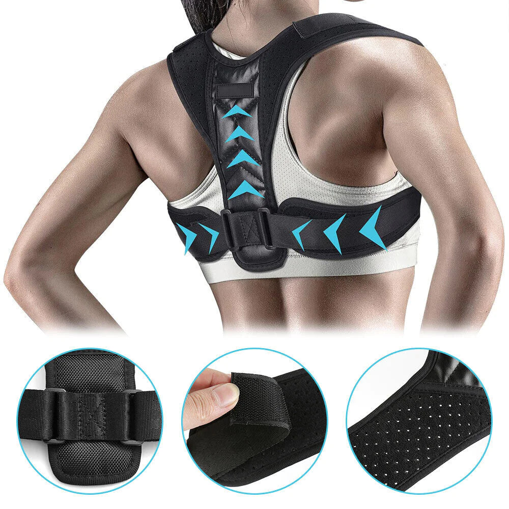 Person wearing a black and blue posture corrector with close-up insets on a white background