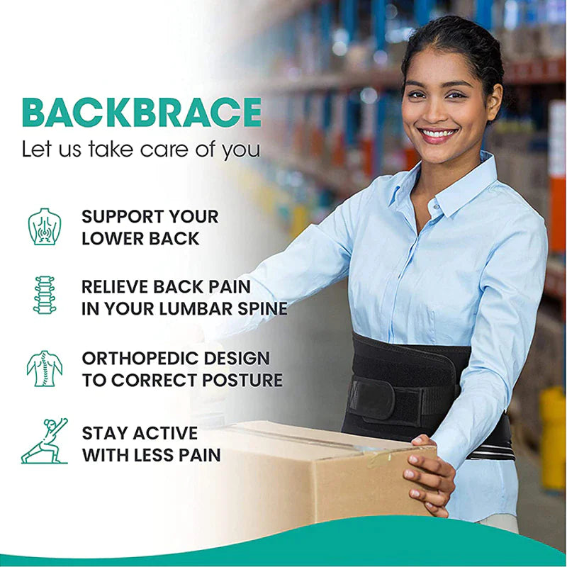 Woman wearing a back brace holding a box with text about back brace benefits.
