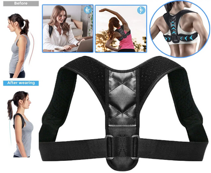 Black posture corrector with before and after images of a woman wearing it, set against a white background.