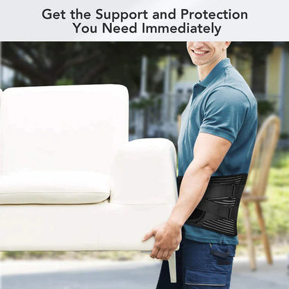Person wearing a back brace while lifting a couch outdoors