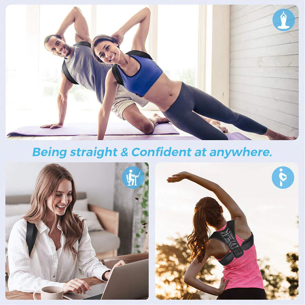 Collage of people using an athletic back support product in various settings.