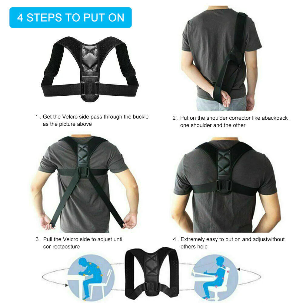 Instructions on how to put on a posture corrector with step-by-step illustrations.