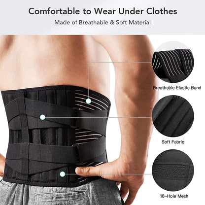 Black waist support belt worn by a person with close-up details on material and design.