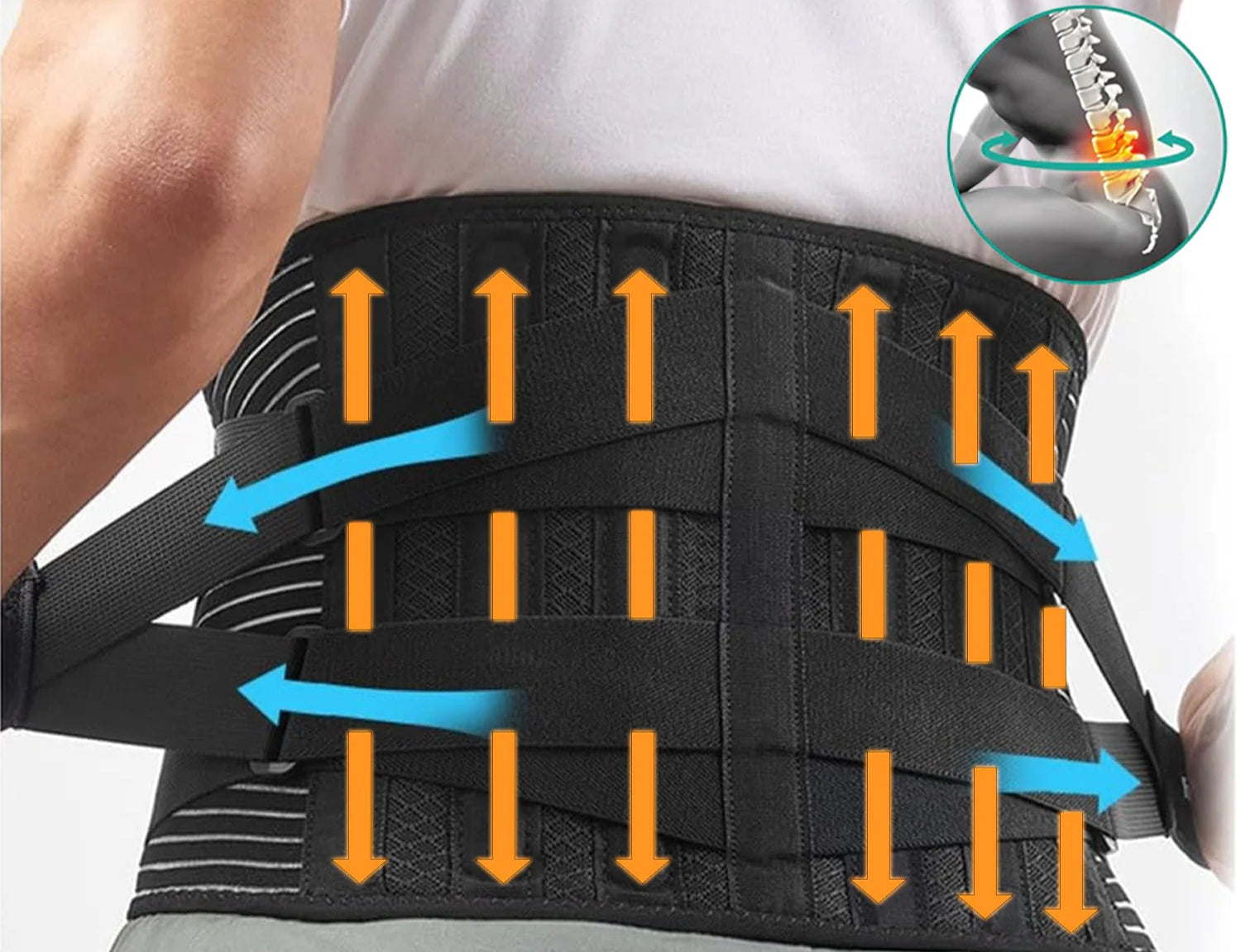 Black back brace with orange and blue arrows indicating pressure points on a person wearing it.