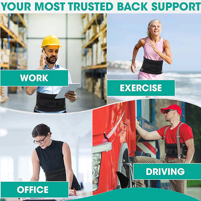 Collage of people wearing back support belts in various settings with text indicating use for work, exercise, driving, and office.