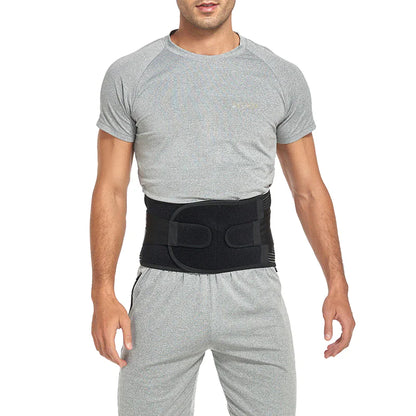 Man wearing a black waist support belt on a white background